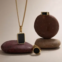 Sale Black Onyx Unisex Curb Chain Pendant Necklace in Gold Natural Gemstones | 18k Fine Gold Plated