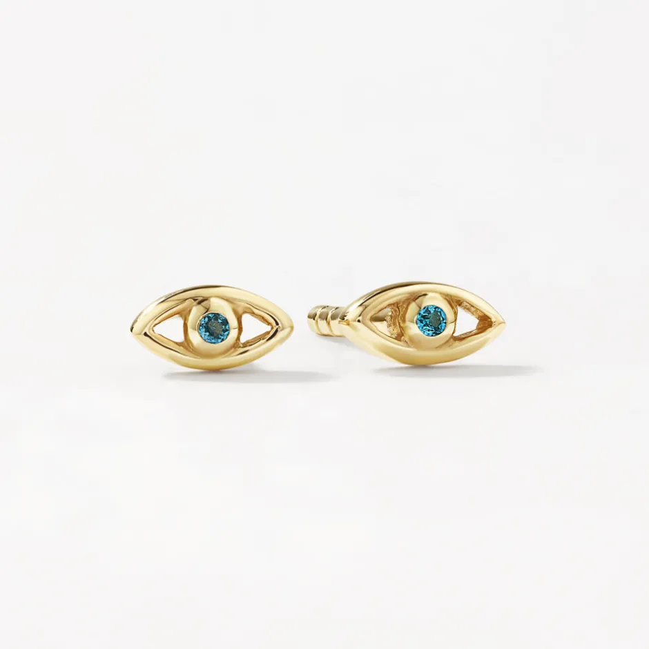 Fashion Blue Topaz Evil Eye Stud Earrings in 10k Gold Birthstone Jewellery | Symbolic Jewellery