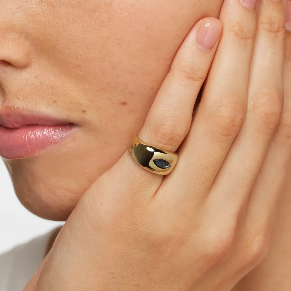 Outlet Blue Topaz Marquise Curve Pinky Ring in Gold Natural Gemstones | 18k Fine Gold Plated