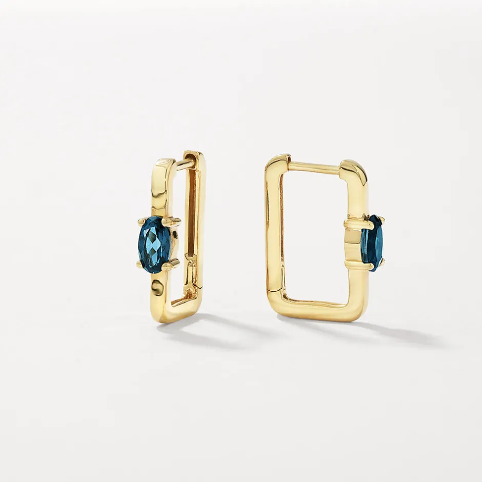 Sale Blue Topaz Paperclip Hoop Earrings in Gold Natural Gemstones | 18k Fine Gold Plated
