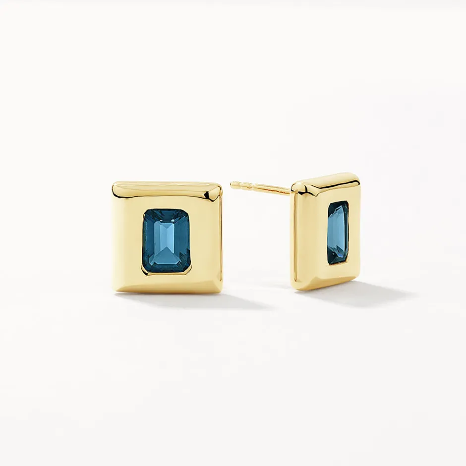 Discount Blue Topaz Square Statement Earrings in Gold Natural Gemstones | 18k Fine Gold Plated