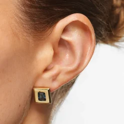 Discount Blue Topaz Square Statement Earrings in Gold Natural Gemstones | 18k Fine Gold Plated