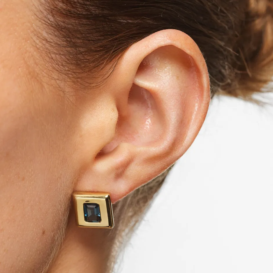 Discount Blue Topaz Square Statement Earrings in Gold Natural Gemstones | 18k Fine Gold Plated