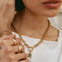 Outlet Blue Topaz Statement Square Pendant in Gold Natural Gemstones | 18k Fine Gold Plated