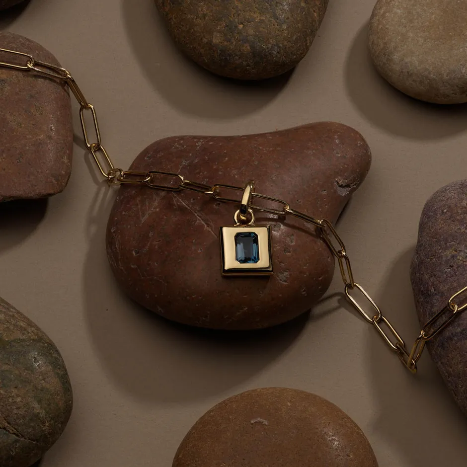 Outlet Blue Topaz Statement Square Pendant in Gold Natural Gemstones | 18k Fine Gold Plated