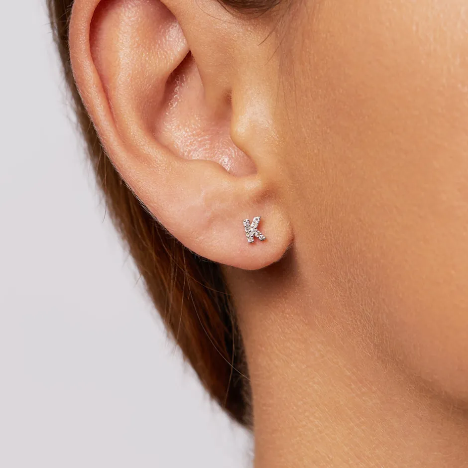 New Diamond Letter K Single Stud Earring in Silver Letter Jewellery | Natural Diamonds