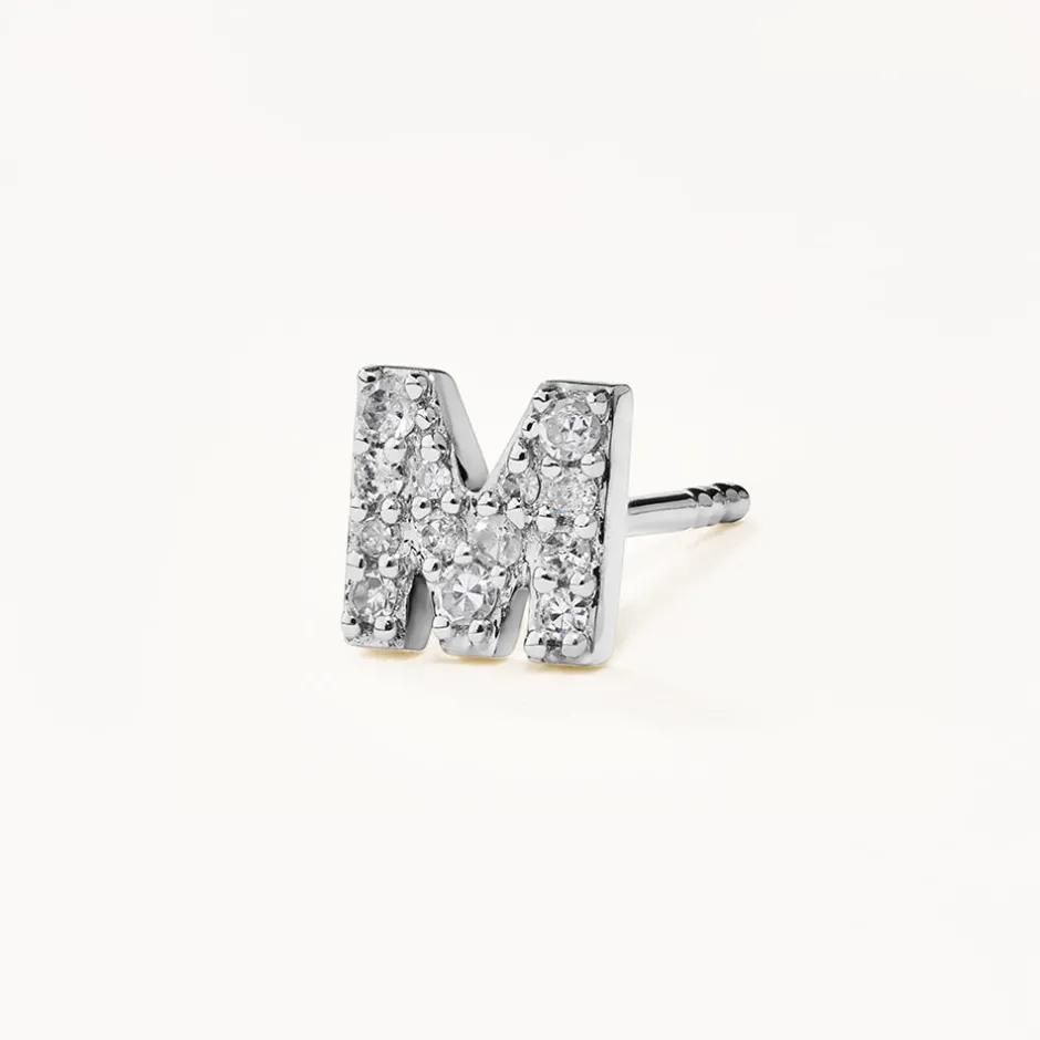 New Diamond Letter M Single Stud Earring in Silver Letter Jewellery | Natural Diamonds