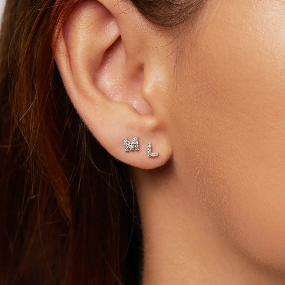 New Diamond Letter M Single Stud Earring in Silver Letter Jewellery | Natural Diamonds