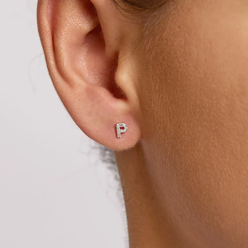 Online Diamond Letter P Single Stud Earring in Silver Letter Jewellery | Natural Diamonds