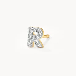 Outlet Diamond Letter R Single Stud Earring in 10k Gold Letter Jewellery | Natural Diamonds