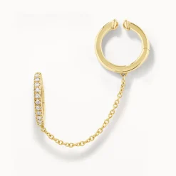 Fashion Diamond Single Huggie and Hinge Cuff Earring in 10k Gold Natural Diamonds | 10k Gold