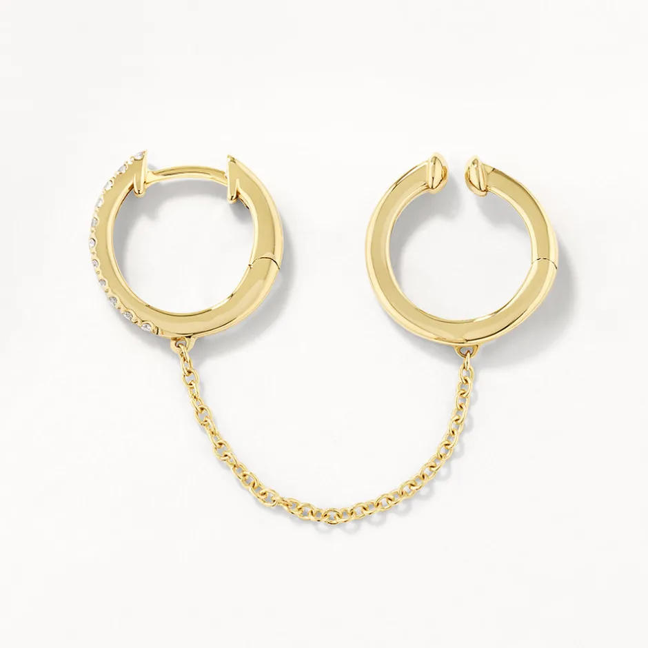 Fashion Diamond Single Huggie and Hinge Cuff Earring in 10k Gold Natural Diamonds | 10k Gold