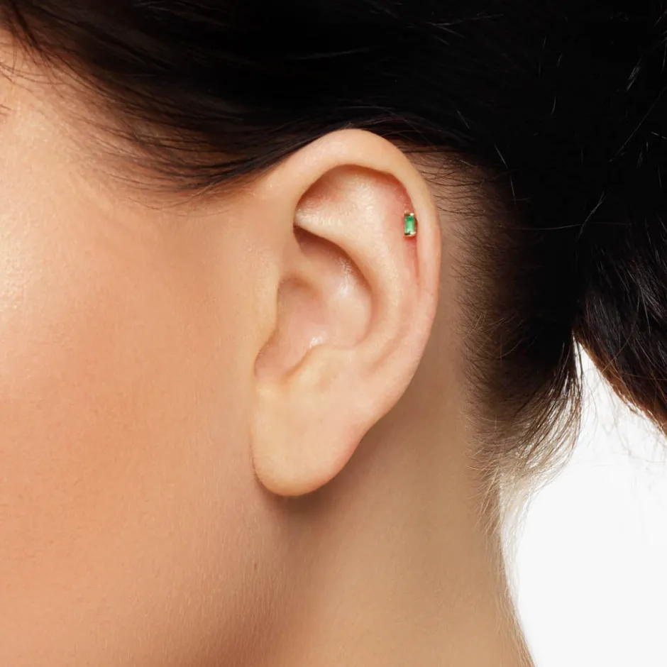 Outlet Emerald Baguette Helix Single Stud Earring in 10k Gold Natural Gemstones | 10k Gold