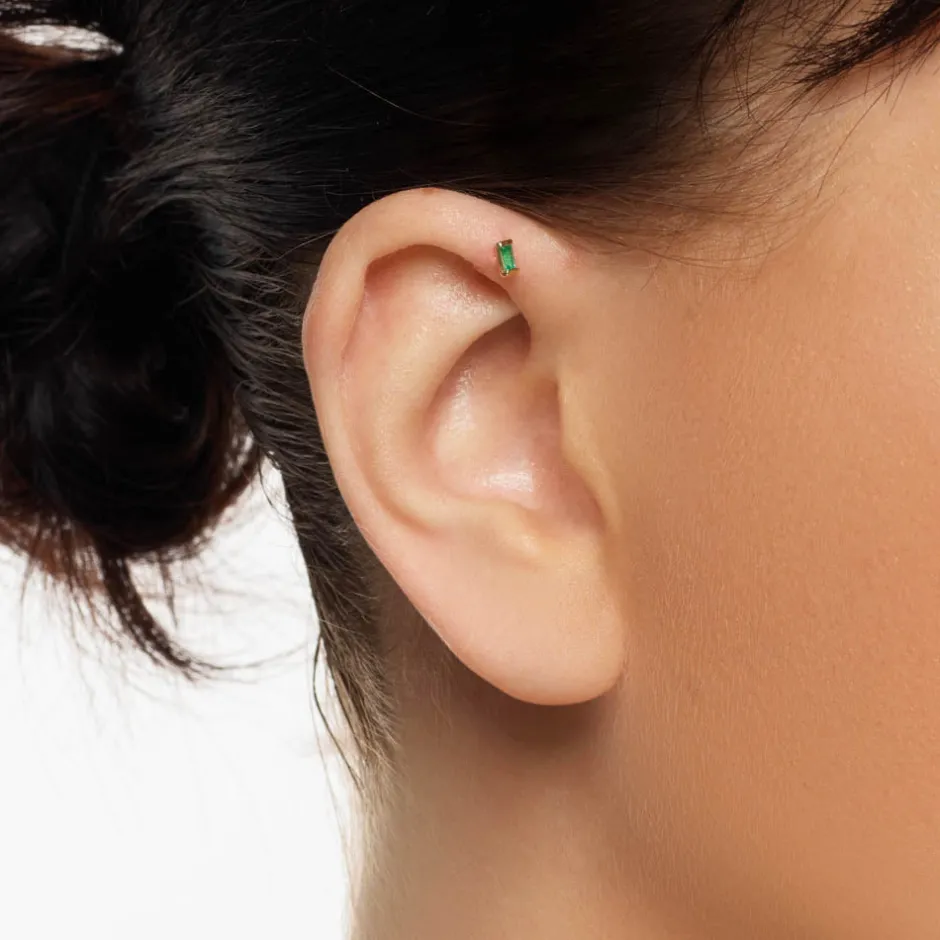 Outlet Emerald Baguette Helix Single Stud Earring in 10k Gold Natural Gemstones | 10k Gold