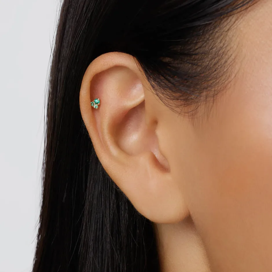 Hot Emerald Trio Helix Single Stud Earring in 10k Gold Natural Gemstones | 10k Gold