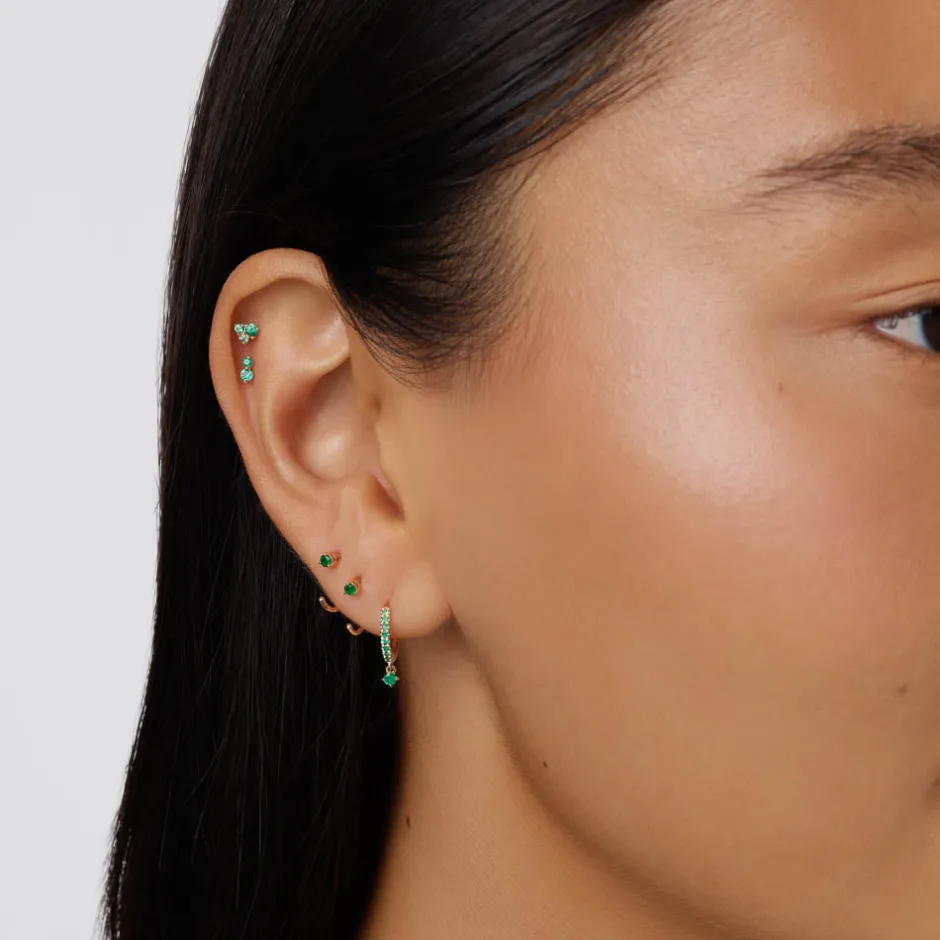 Hot Emerald Trio Helix Single Stud Earring in 10k Gold Natural Gemstones | 10k Gold