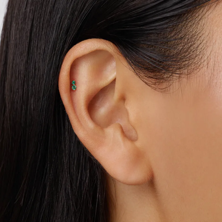 Online Emerald Twin Cluster Helix Single Stud Earring in 10k Gold Birthstone Jewellery | Natural Gemstones