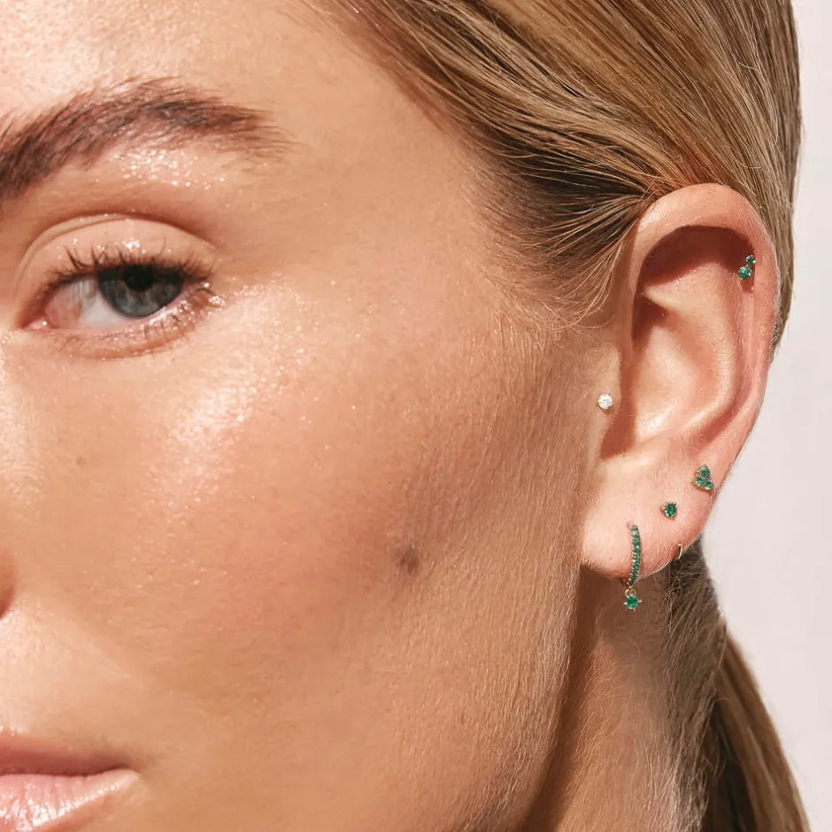 Online Emerald Twin Cluster Helix Single Stud Earring in 10k Gold Birthstone Jewellery | Natural Gemstones