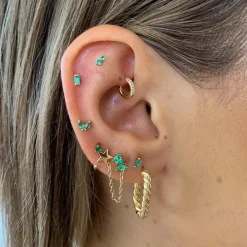 Online Emerald Twin Cluster Helix Single Stud Earring in 10k Gold Birthstone Jewellery | Natural Gemstones