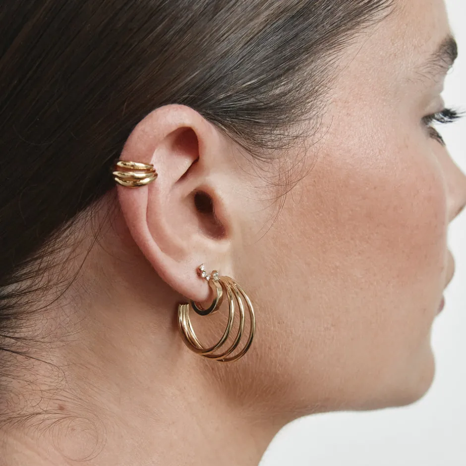 Hot Maxi Triple Hoop Stud Earrings in Gold 18k Fine Gold Plated | Earrings