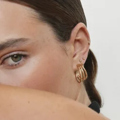 Hot Maxi Triple Hoop Stud Earrings in Gold 18k Fine Gold Plated | Earrings