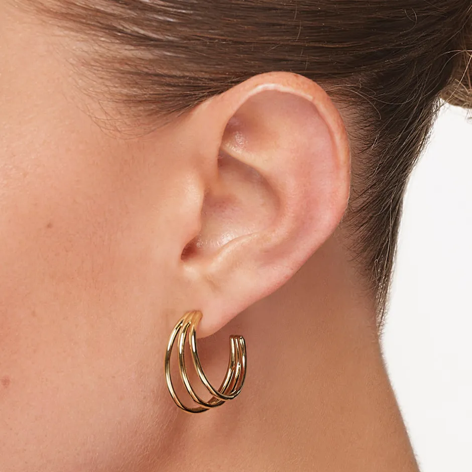 Hot Maxi Triple Hoop Stud Earrings in Gold 18k Fine Gold Plated | Earrings