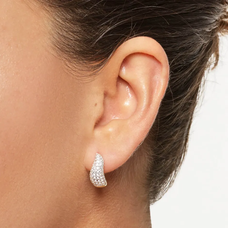 Fashion Midi White Topaz Pave Wave Huggies Dome in Gold Best Selling Gifts | Natural Gemstones