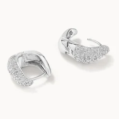 New Midi White Topaz Pave Wave Dome Huggies in Silver Natural Gemstones | 925 Sterling Silver