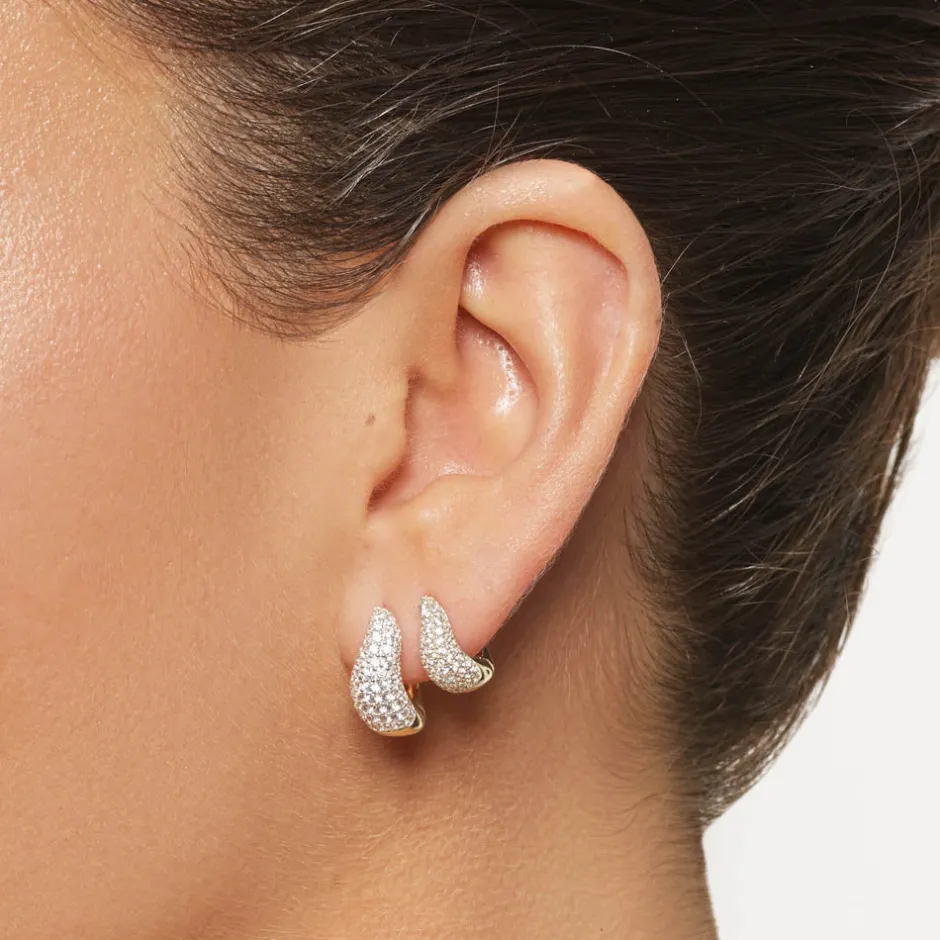 Fashion Midi White Topaz Pave Wave Huggies Dome in Gold Best Selling Gifts | Natural Gemstones
