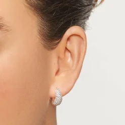 New Midi White Topaz Pave Wave Dome Huggies in Silver Natural Gemstones | 925 Sterling Silver