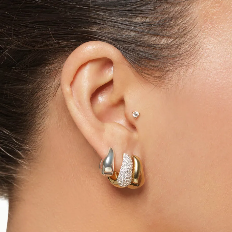 Fashion Midi White Topaz Pave Wave Huggies Dome in Gold Best Selling Gifts | Natural Gemstones