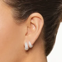 New Midi White Topaz Pave Wave Dome Huggies in Silver Natural Gemstones | 925 Sterling Silver