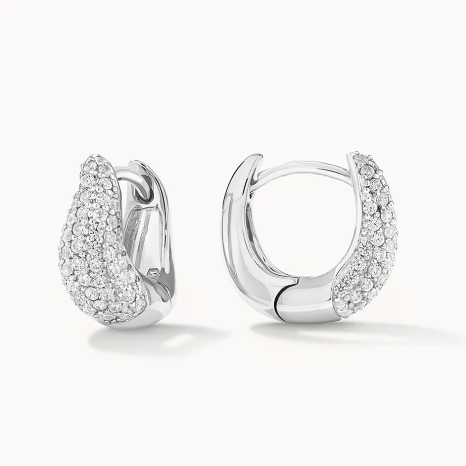 Best Mini White Topaz Pave Wave Dome Huggies in Silver Birthstone Jewellery | Natural Gemstones