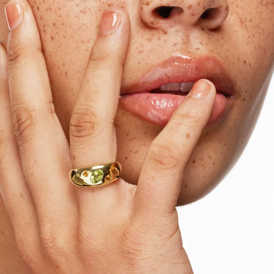 Hot Peridot Multi Gemstone Curve Gypsy Ring in Gold Gifts For Her | Birthstone Jewellery