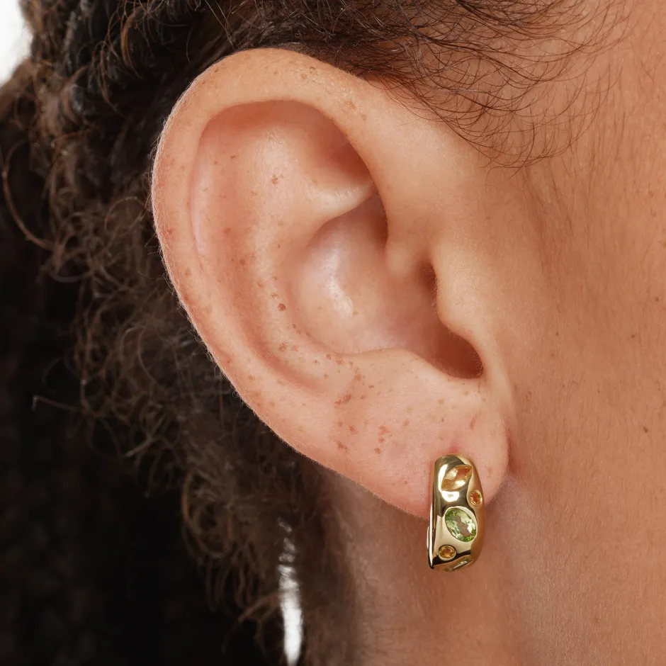 Sale Peridot Multi Gemstone Curve Huggies in Gold Gifts For Her | Birthstone Jewellery
