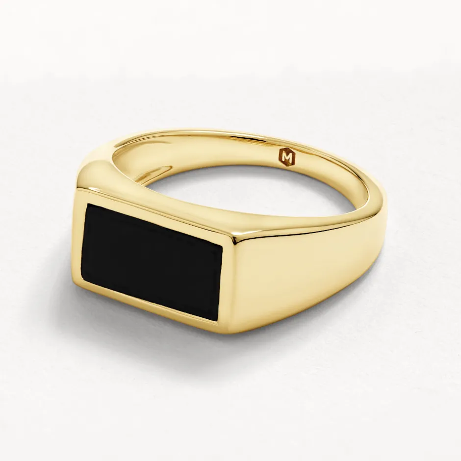 Online Rectangle Black Onyx Unisex Pinky Ring in Gold Natural Gemstones | 18k Fine Gold Plated