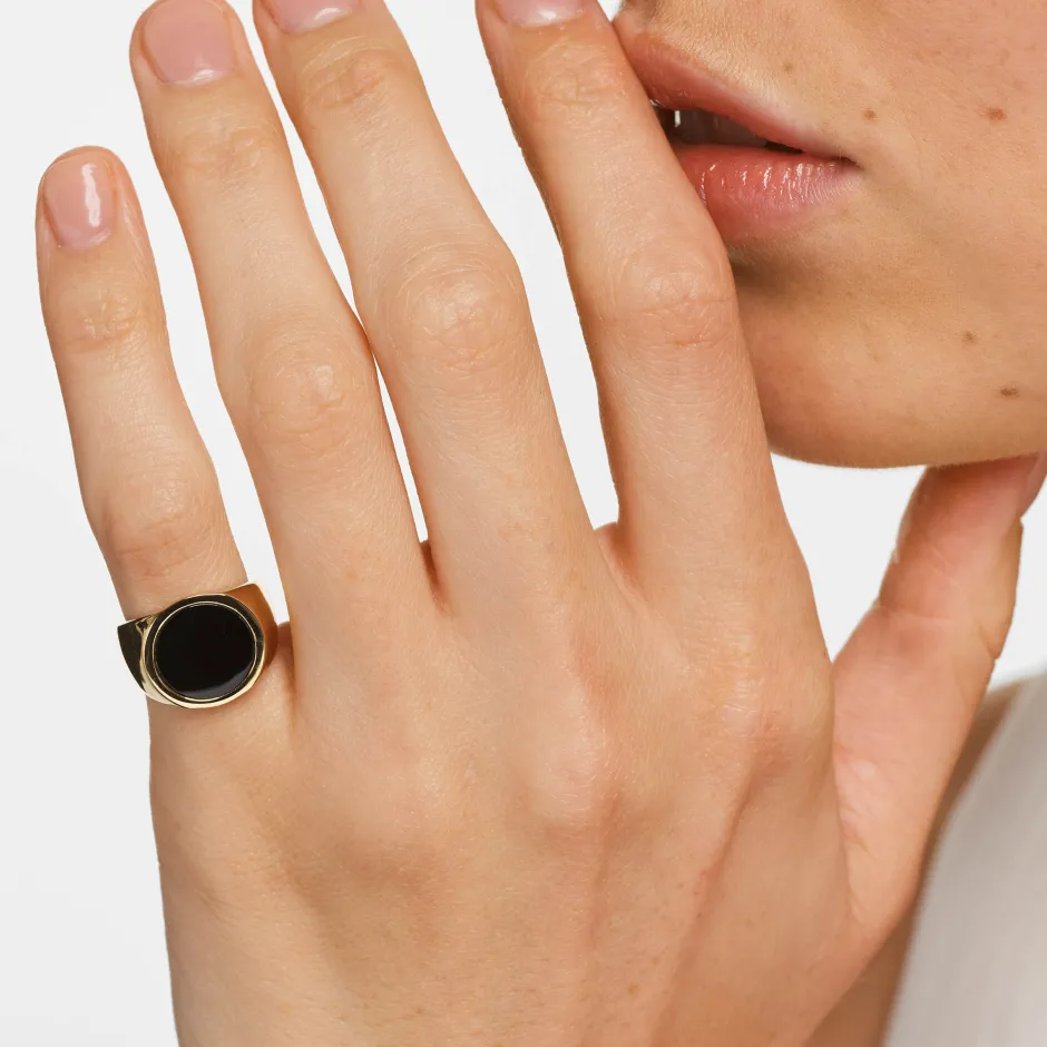 Sale Round Black Onyx Unisex Pinky Ring in Gold Natural Gemstones | 18k Fine Gold Plated