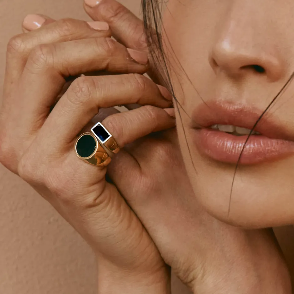 Sale Round Black Onyx Unisex Pinky Ring in Gold Natural Gemstones | 18k Fine Gold Plated