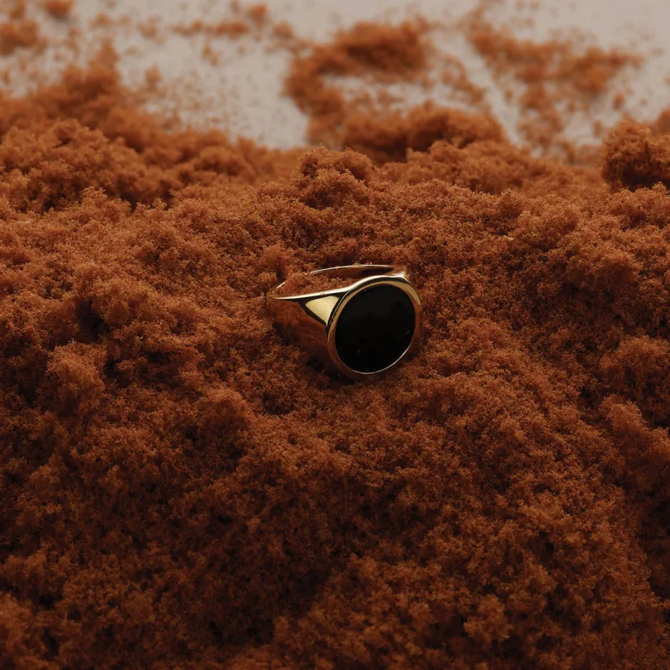Sale Round Black Onyx Unisex Pinky Ring in Gold Natural Gemstones | 18k Fine Gold Plated