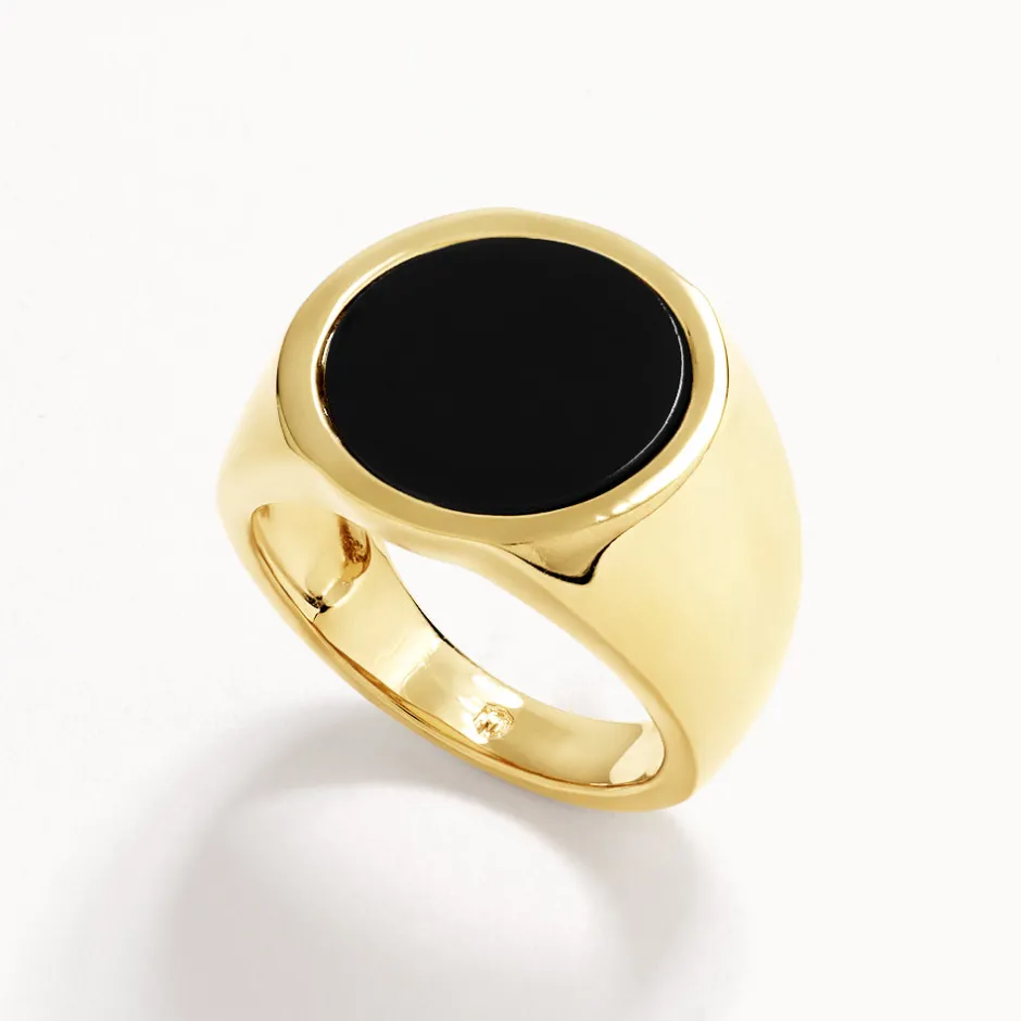 Sale Round Black Onyx Unisex Pinky Ring in Gold Natural Gemstones | 18k Fine Gold Plated