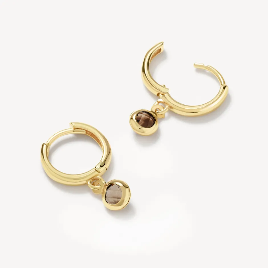 Fashion Smokey Quartz Round Drop Charm Huggies in 10k Gold Natural Gemstones | Earrings