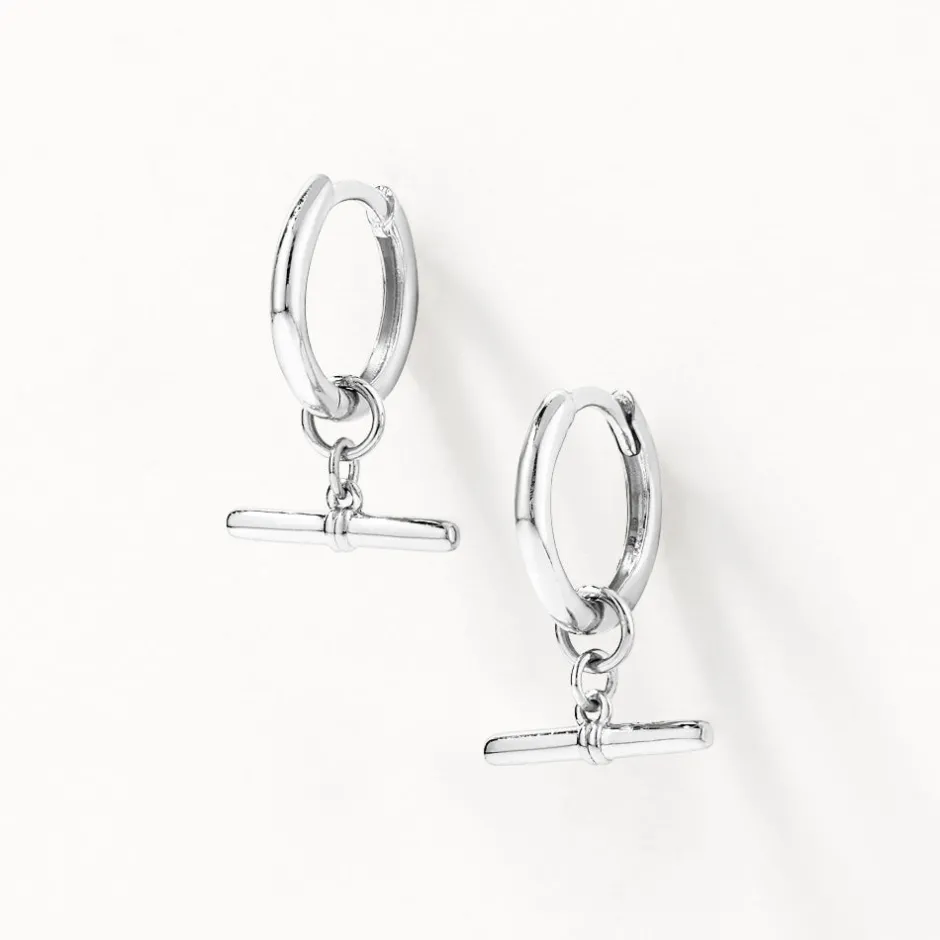 Outlet T-Bar Drop Charm Huggies in Silver 925 Sterling Silver | Earrings