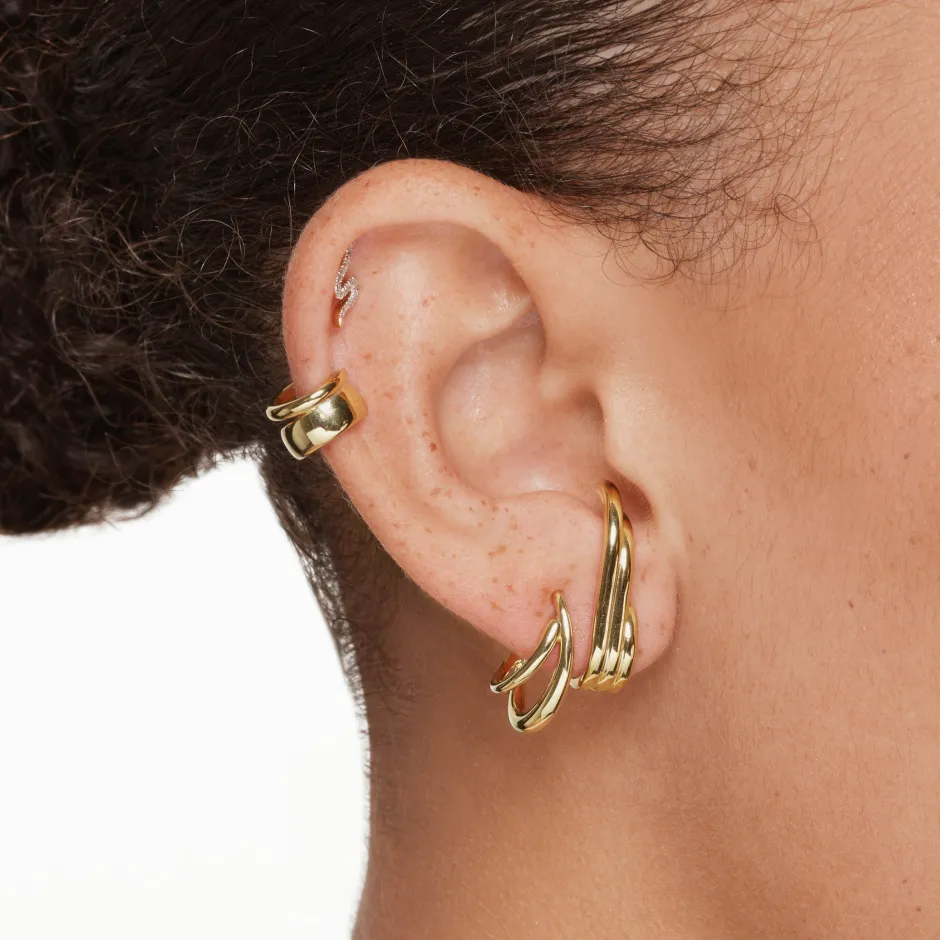 New Triple Lobe Cuff Huggie Earring in Gold 18k Fine Gold Plated | Earrings