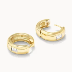 Outlet White Topaz Baguette Curve Huggies in Gold Natural Gemstones | 18k Fine Gold Plated