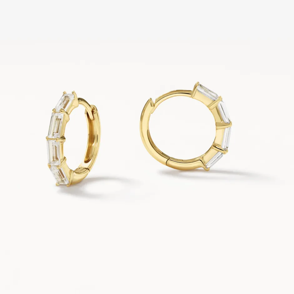 Clearance White Topaz Baguette Huggie Earrings in Gold Natural Gemstones | 18k Fine Gold Plated