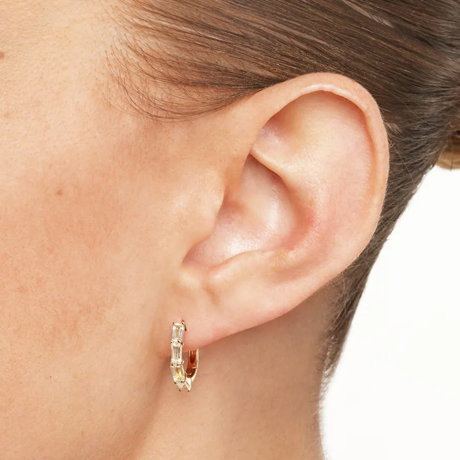 Clearance White Topaz Baguette Huggie Earrings in Gold Natural Gemstones | 18k Fine Gold Plated