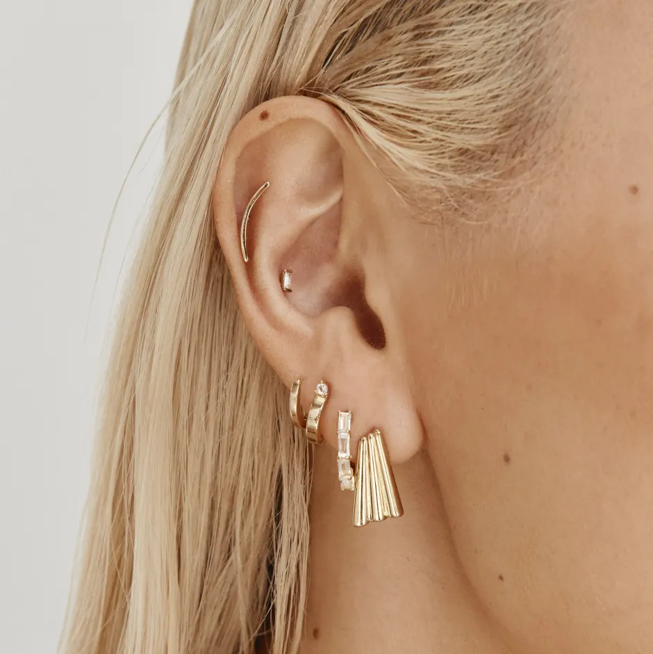 Clearance White Topaz Baguette Huggie Earrings in Gold Natural Gemstones | 18k Fine Gold Plated