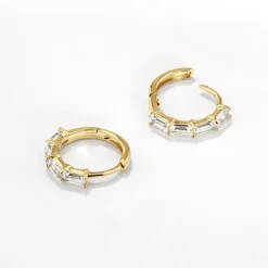 Clearance White Topaz Baguette Huggie Earrings in Gold Natural Gemstones | 18k Fine Gold Plated