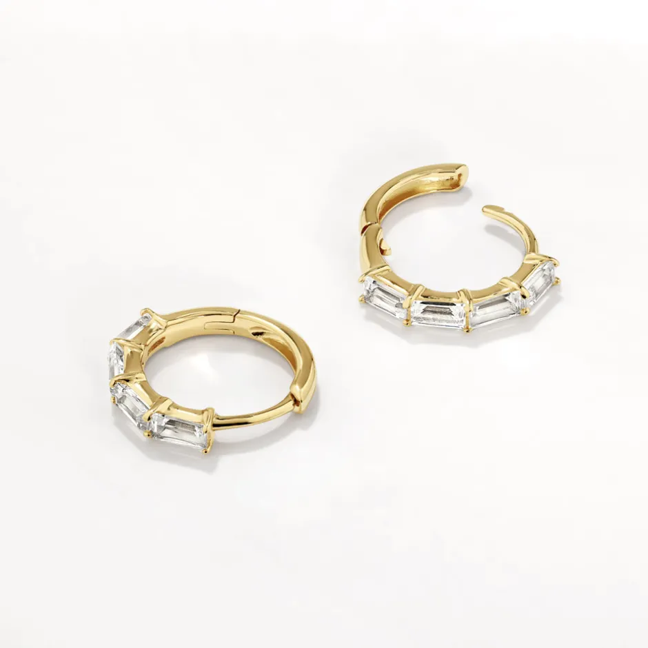 Clearance White Topaz Baguette Huggie Earrings in Gold Natural Gemstones | 18k Fine Gold Plated
