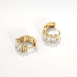 Online White Topaz Baguette Textured Huggie Earrings in Gold Natural Gemstones | 18k Fine Gold Plated